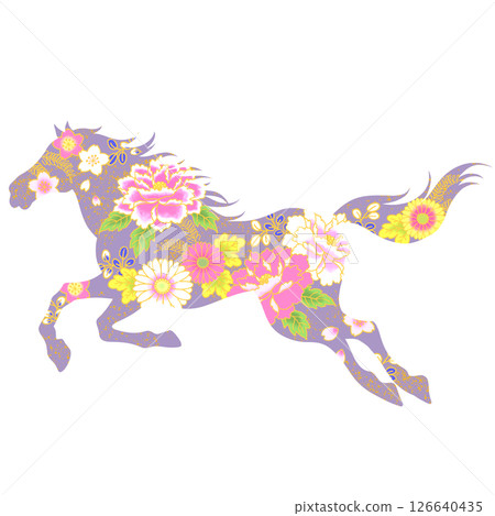 馬年:美麗的馬和花插圖,日本圖案 馬年:美麗的馬和花插圖,日本圖案 126640435