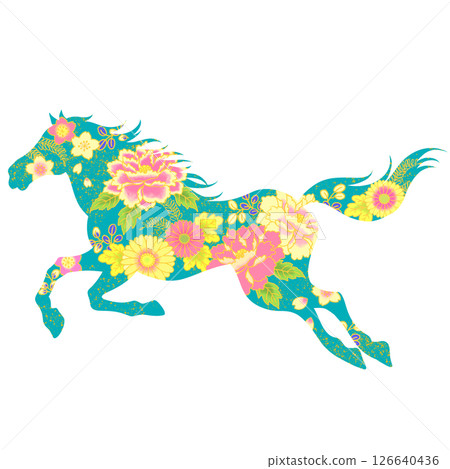 馬年：美麗的馬和花插圖，日本圖案 126640436