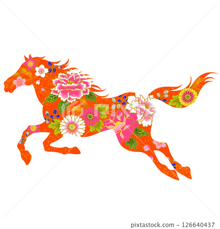 馬年:美麗的馬和花插圖,日本圖案 馬年:美麗的馬和花插圖,日本圖案 126640437