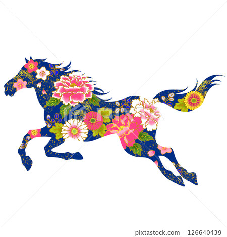 Year of the Horse: Beautiful horse and flower illustration, Japanese pattern Year of the Horse: Beautiful horse and flower illustration, Japanese pattern 126640439