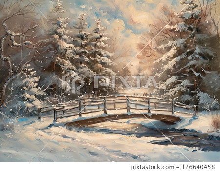 A serene winter landscape featuring a wooden bridge over a frozen stream. Snow-covered trees surround the scene, with soft sunlight filtering through the branches. 126640458