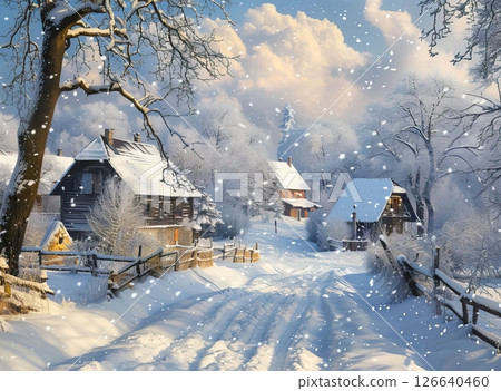 Snow-covered village scene with wooden houses, trees, and a winding path. Soft snowfall creates a serene winter atmosphere. 126640460