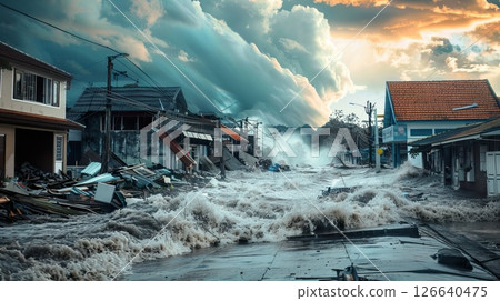 A flooded street in a devastated town after a natural disaster. Buildings are damaged, debris is scattered, and turbulent water flows through the area under a dramatic sky. 126640475