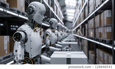 A row of humanoid robots in a warehouse setting. The robots are white with metallic accents, positioned near cardboard boxes. The environment is modern and industrial. 126640541