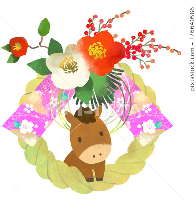 馬年 - 注連繩、注連飾和可愛的馬插圖 126640586