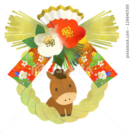 馬年 - 注連繩、注連飾和可愛的馬插圖 126640589