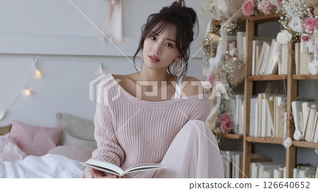 Woman is sitting on a bed with a book in her lap 126640652