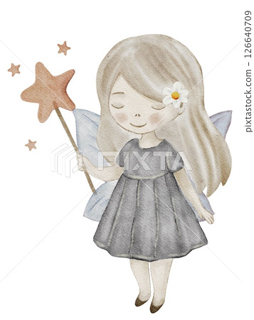 Delicate fairy holding a star wand in soft watercolor design for fabric and textile prints 126640709
