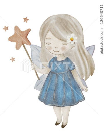 Delightful watercolor fairy holding a star wand in a charming design for fabrics and packaging 126640711