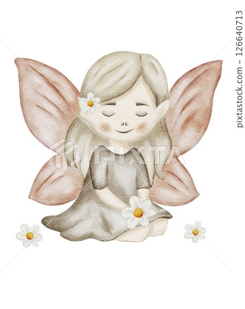 Charming fairy with delicate wings and daisies in a soothing watercolor design for textiles 126640713