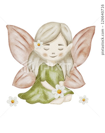 Charming watercolor fairies surrounded by delicate flowers for enchanting fabric design 126640716