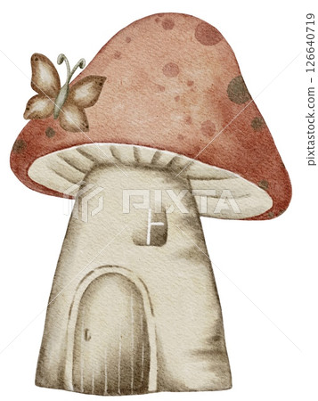Whimsical fairy house with a butterfly on a mushroom for creative textile designs 126640719