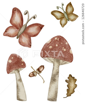 Whimsical watercolor design of fairies, mushrooms, and butterflies for textiles 126640720