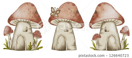 Colorful watercolor fairy mushroom houses create a whimsical pattern for textile design and decor Colorful watercolor fairy mushroom houses create a whimsical pattern for textile design and decor 126640723