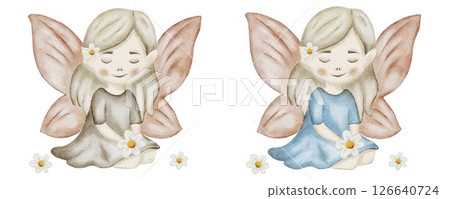 Delicate watercolor fairies with floral accents for textile and wrapping patterns 126640724