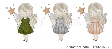 Fairy characters holding wands in various colors create a whimsical textile pattern design 126640727