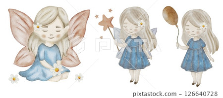 Unique watercolor fairy designs in soft colors for creative projects and textile patterns 126640728