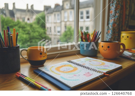 Colorful workspace with art supplies, cheerful mugs, and a view of greenery outside the window Colorful workspace with art supplies, cheerful mugs, and a view of greenery outside the window 126640768