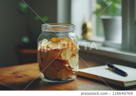 Glass jar filled with yellow notes on wooden table near window with natural light and greenery Glass jar filled with yellow notes on wooden table near window with natural light and greenery 126640769