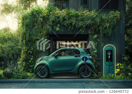 Electric vehicle charging at a modern home surrounded by lush greenery and sustainable design elements 126640772