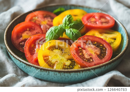 Freshly sliced colorful tomatoes with basil leaves arranged in a rustic bowl on a textured surface 126640783
