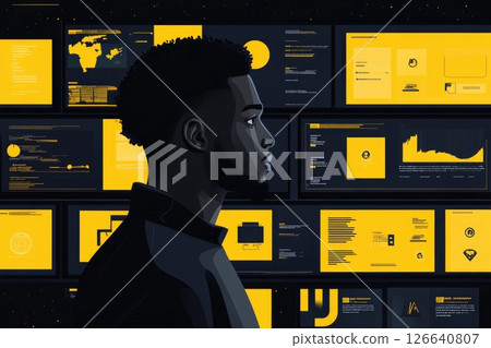 Profile of a young man in front of digital screens displaying data and analytics in a modern workspace 126640807