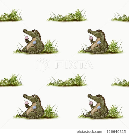 Crocodile enjoying ice cream among playful monkeys in a seamless watercolor pattern 126640815