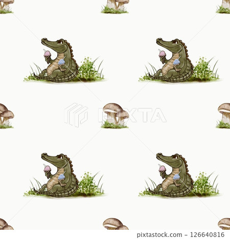 Crocodile enjoys ice cream in a playful watercolor textile pattern design 126640816