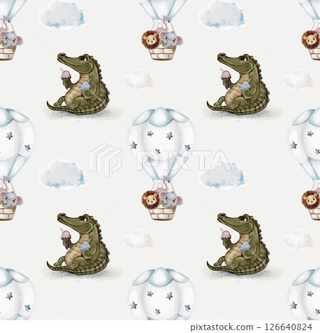 Crocodile and monkey enjoying ice cream in charming watercolor pattern design 126640824