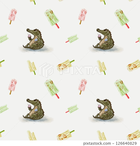 Crocodile and monkey enjoying ice cream in a whimsical pattern design for fabric and wallpaper 126640829