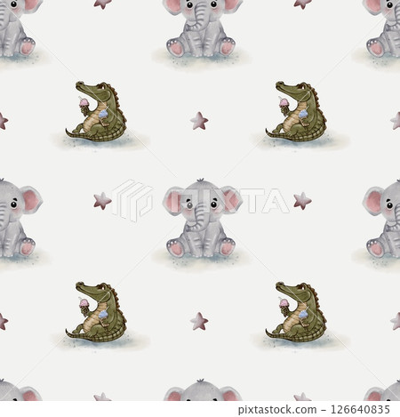 Cute crocodile and elephant characters enjoying ice cream in a seamless watercolor pattern design 126640835