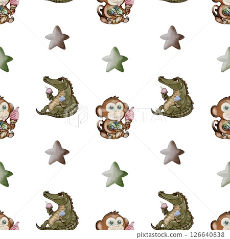 Crocodile and monkey savor ice cream in a playful watercolor design for fabric and wallpaper 126640838