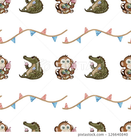 Crocodile and monkey enjoying ice cream in a whimsical watercolor pattern design 126640840