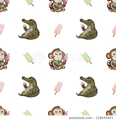 Crocodile and monkey enjoying ice cream in playful watercolor pattern for fabric design Crocodile and monkey enjoying ice cream in playful watercolor pattern for fabric design 126640841