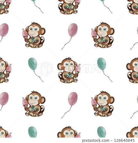 Crocodile and monkey enjoying ice cream in a fun seamless watercolor pattern design Crocodile and monkey enjoying ice cream in a fun seamless watercolor pattern design 126640845