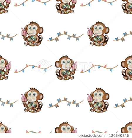 Crocodile and monkey enjoying ice cream in a colorful watercolor pattern for fabric design 126640846