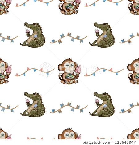 Crocodile and monkey enjoying ice cream in a colorful watercolor pattern design 126640847