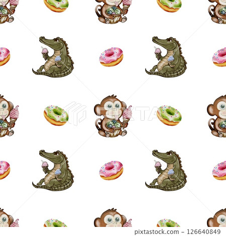 Crocodile and monkey enjoying ice cream in a playful watercolor pattern design Crocodile and monkey enjoying ice cream in a playful watercolor pattern design 126640849
