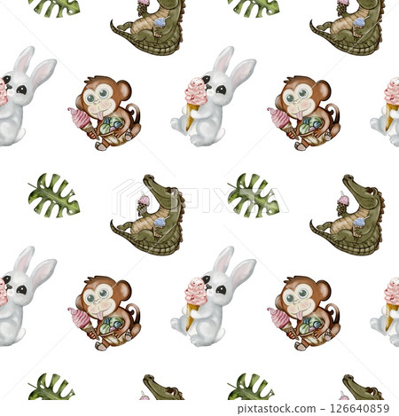 Crocodile and monkey enjoying ice cream in playful watercolor pattern for fabric design Crocodile and monkey enjoying ice cream in playful watercolor pattern for fabric design 126640859