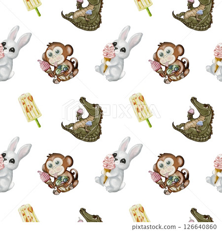 Crocodile and monkey enjoying ice cream in playful watercolor pattern design 126640860