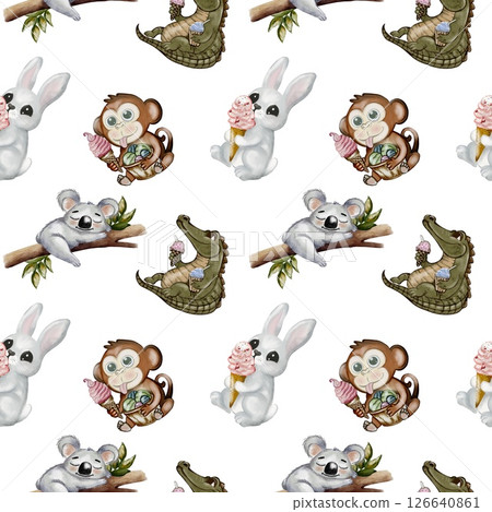 Crocodile and monkey enjoying ice cream in playful watercolor fabric pattern design 126640861