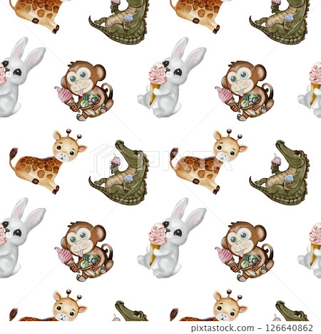Playful crocodile and monkey enjoy ice cream in a whimsical watercolor pattern print 126640862