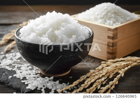 新鮮煮熟的蓬鬆白米飯和稻穗 新鮮煮熟的蓬鬆白米飯和稻穗 126640965