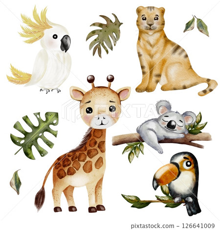 Giraffe and friends in a playful watercolor design for textile and wrapping purposes Giraffe and friends in a playful watercolor design for textile and wrapping purposes 126641009