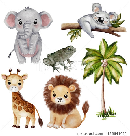 Giraffe and other adorable animals in watercolor seamless pattern for fabric design 126641011