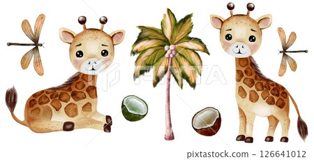 Playful giraffes with palm trees and coconuts in a whimsical watercolor design 126641012