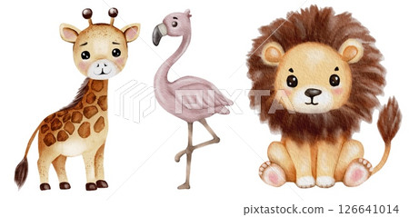 Charming watercolor giraffe, flamingo, and lion design for textile and wrapping paper Charming watercolor giraffe, flamingo, and lion design for textile and wrapping paper 126641014