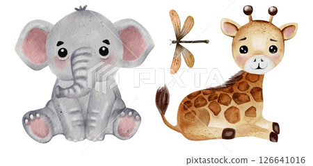Cute giraffe and elephant watercolor designs for playful textile patterns and prints Cute giraffe and elephant watercolor designs for playful textile patterns and prints 126641016