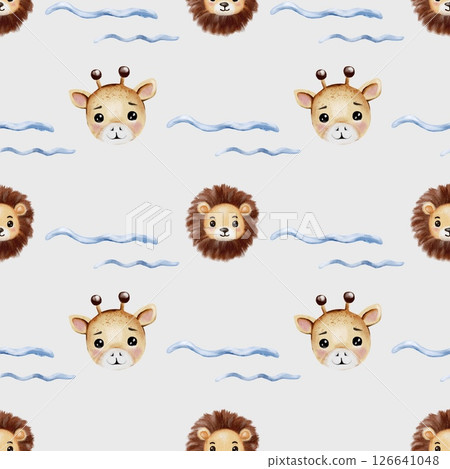 Colorful giraffe and lion watercolor pattern for textile and wrapping design 126641048