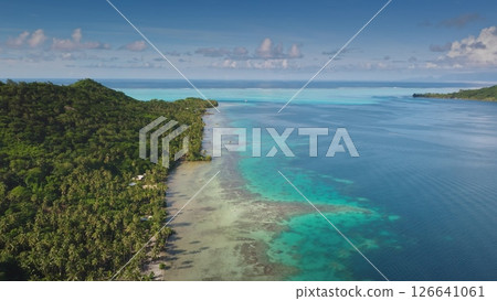 Aerial view of a tropical island with lush vegetation meeting the crystal-clear turquoise waters of a shallow coral reef in French Polynesia, a breathtaking display of nature's beauty 126641061